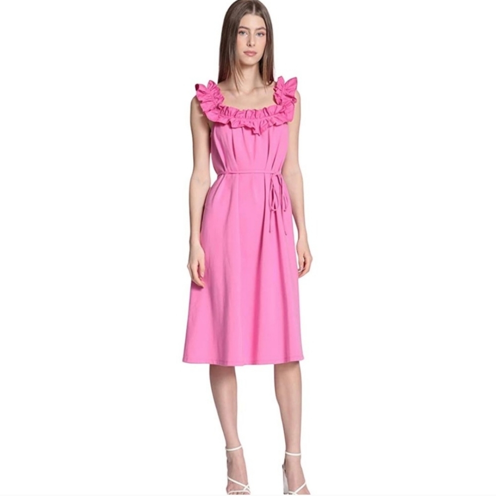NWT $258 Donna Morgan Womens Mada Ruffle Neck Dress In Color Pink Size 2